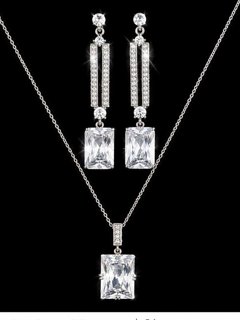 925 Sterling Silver Crystal Rectangular Pendant Necklace and Earrings Set, NWOT